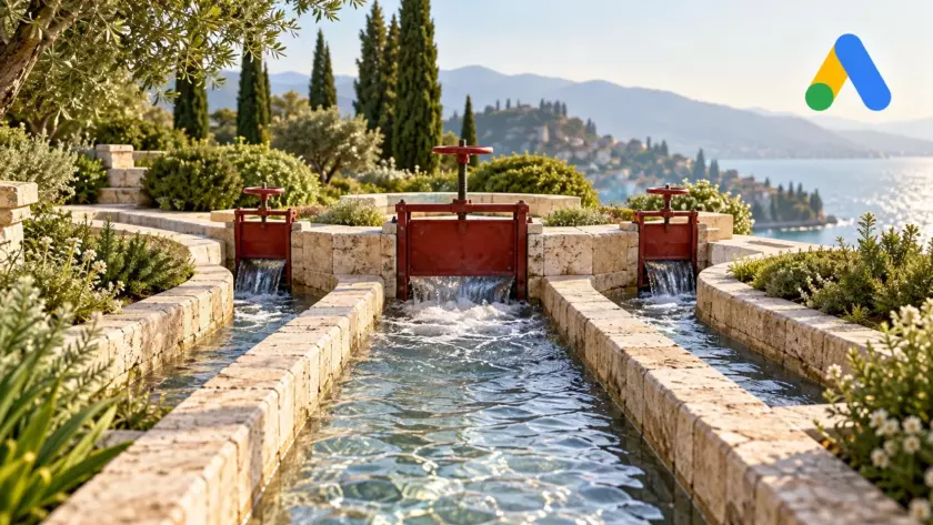 Tre chiuse rosse distribuiscono l’acqua in un giardino, con il logo Google Ads in alto a destra