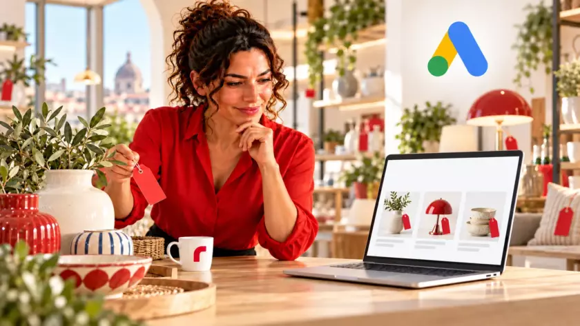 Adele Inventa osserva le offerte di un negozio sul portatile, con il logo Google Ads ben visibile in alto a destra.