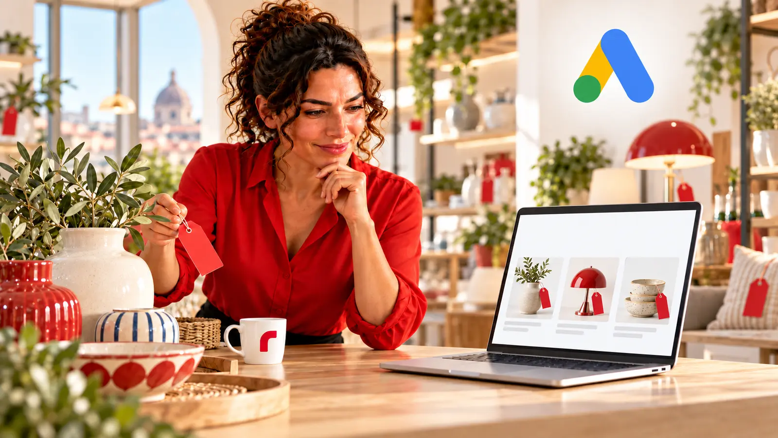 Adele Inventa osserva le offerte di un negozio sul portatile, con il logo Google Ads ben visibile in alto a destra.