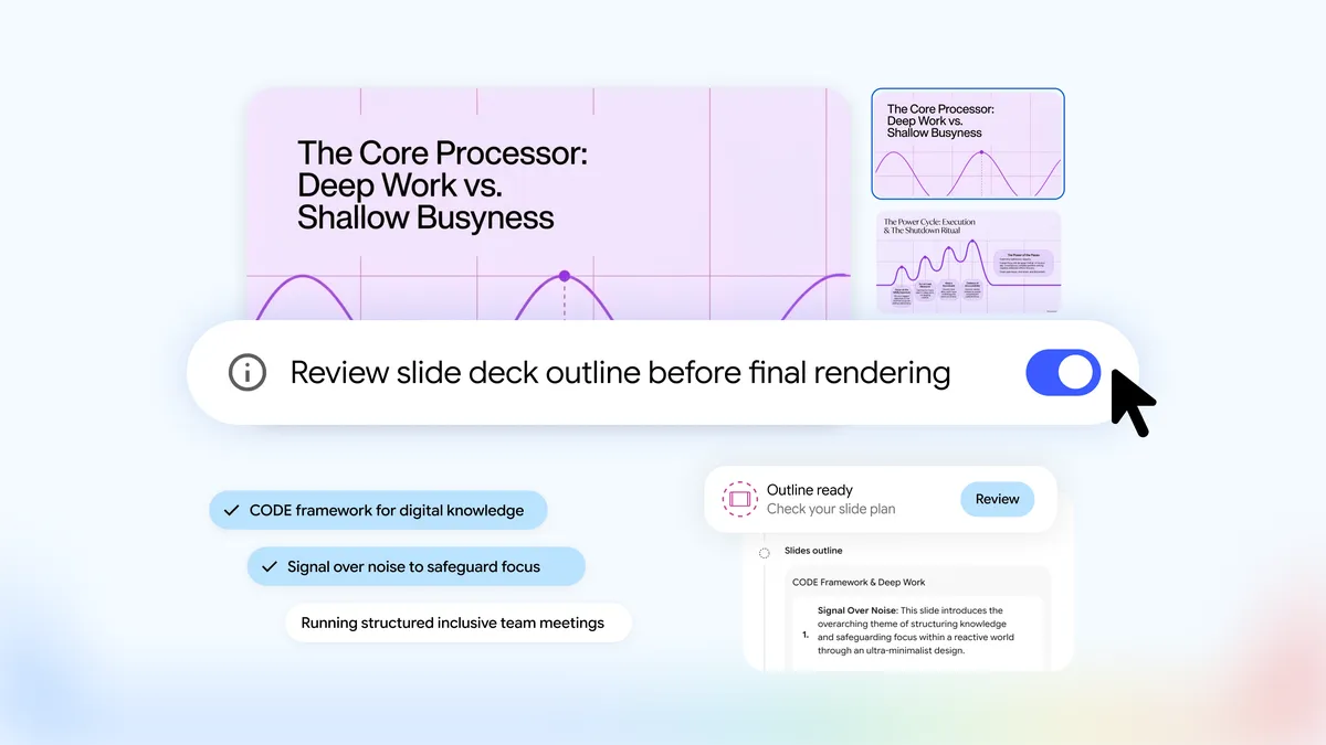 Illustrazione Google del passaggio di revisione per le presentazioni create con Gemini Notebook