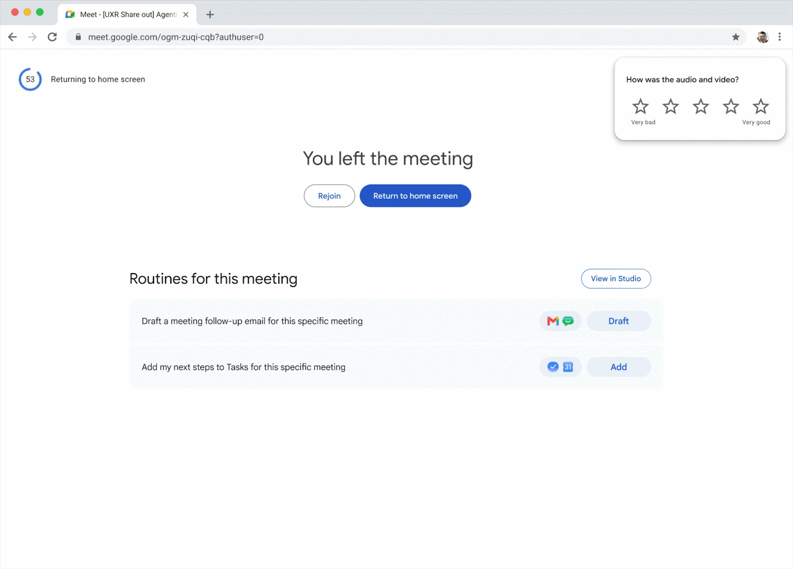 Schermata dimostrativa di Google Meet con le opzioni per preparare una bozza email e aggiungere i propri prossimi passi a Tasks.