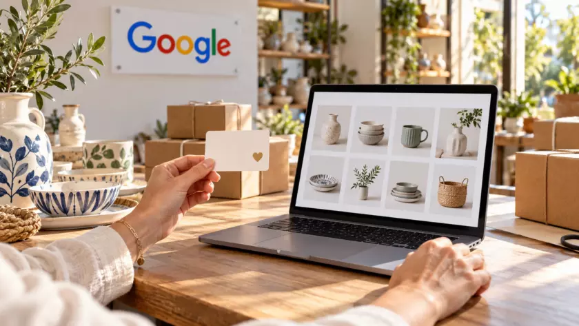 Una commerciante tiene una tessera fedeltà accanto al catalogo di ceramiche sul portatile, con il logo Google sullo sfondo.