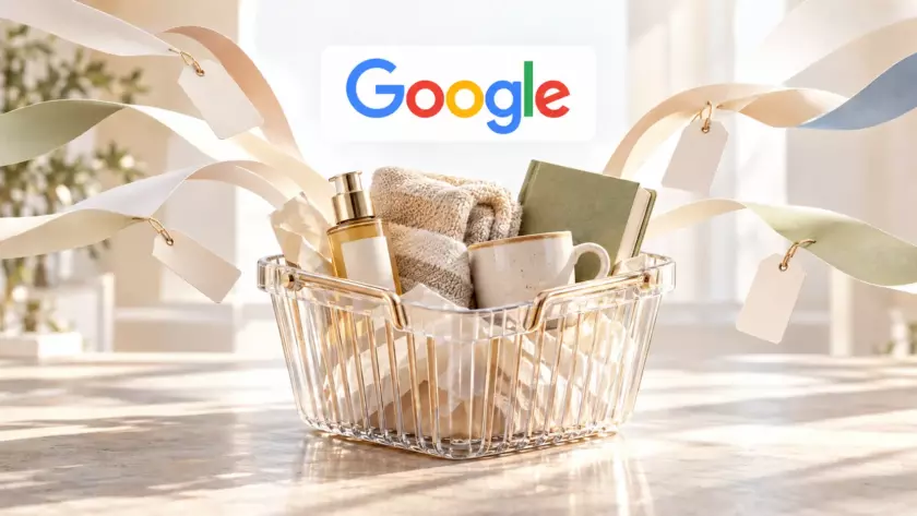 Cesto trasparente con prodotti di categorie diverse e marchio Google in alto, illustrazione del carrello universale.