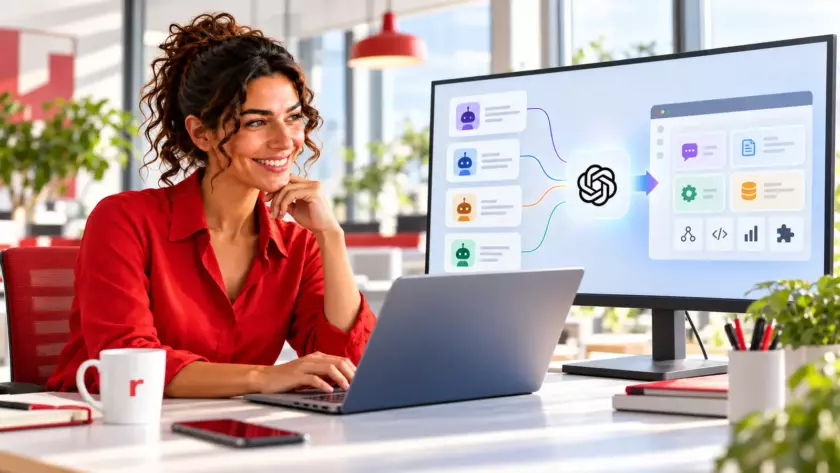 Adele Inventa controlla su un monitor la migrazione dei GPT personalizzati verso i plugin OpenAI.