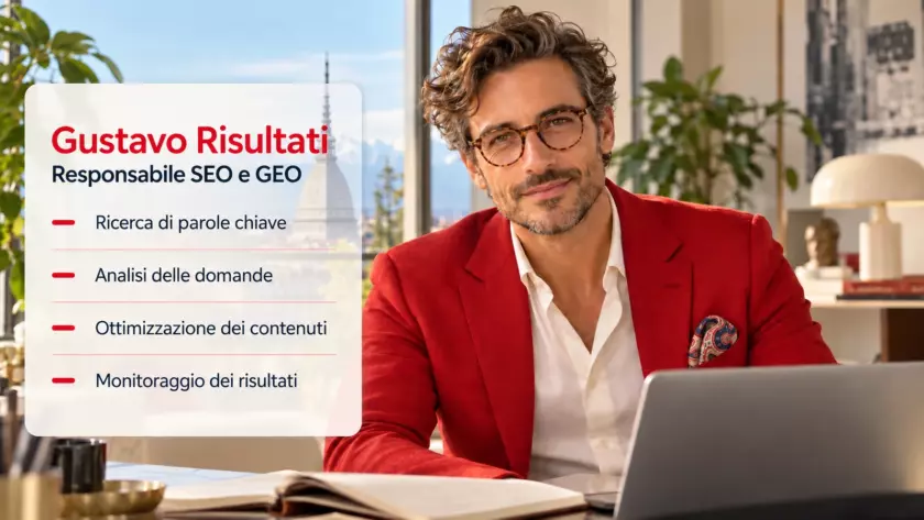 Gustavo Risultati in giacca rossa, con ruolo e competenze nel box traslucido che lascia intravedere la Mole Antonelliana.