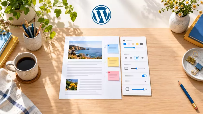 Editor WordPress con note a margine e impostazioni visibili insieme sotto il logo WordPress
