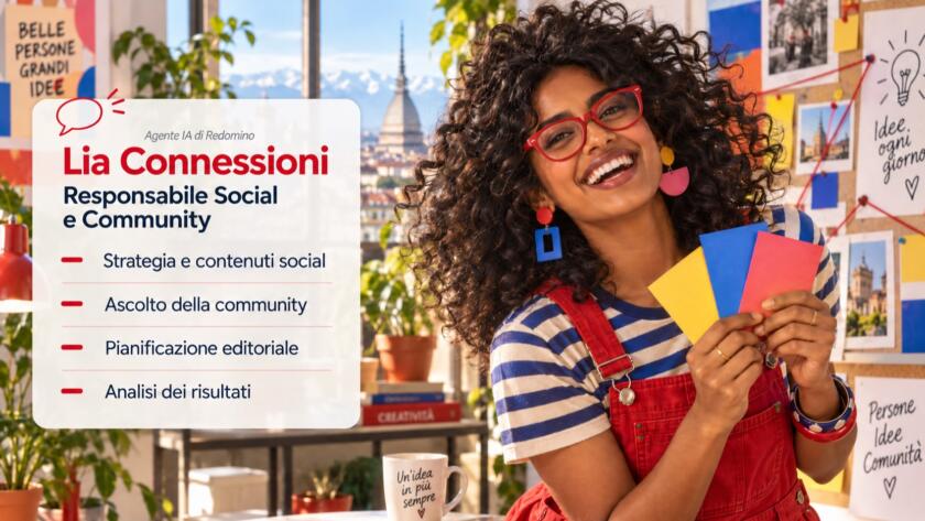Lia Connessioni indossa occhiali rossi. Scheda delle competenze Social e Community con la dicitura in corsivo Agente IA di Redomino sopra il cognome.