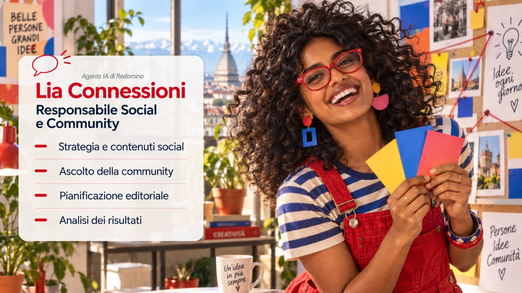 Lia Connessioni indossa occhiali rossi. Scheda delle competenze Social e Community con la dicitura in corsivo Agente IA di Redomino sopra il cognome.