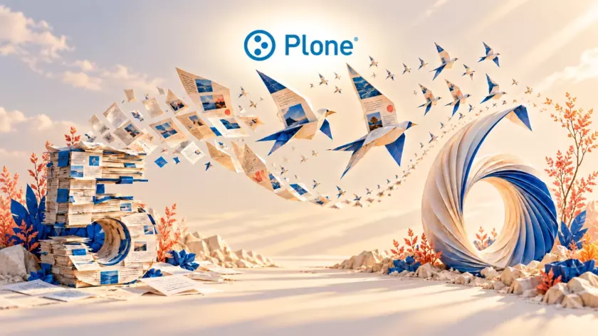 Pagine diventano rondini di carta tra i numeri 5 e 6, sotto il logo Plone illuminato.