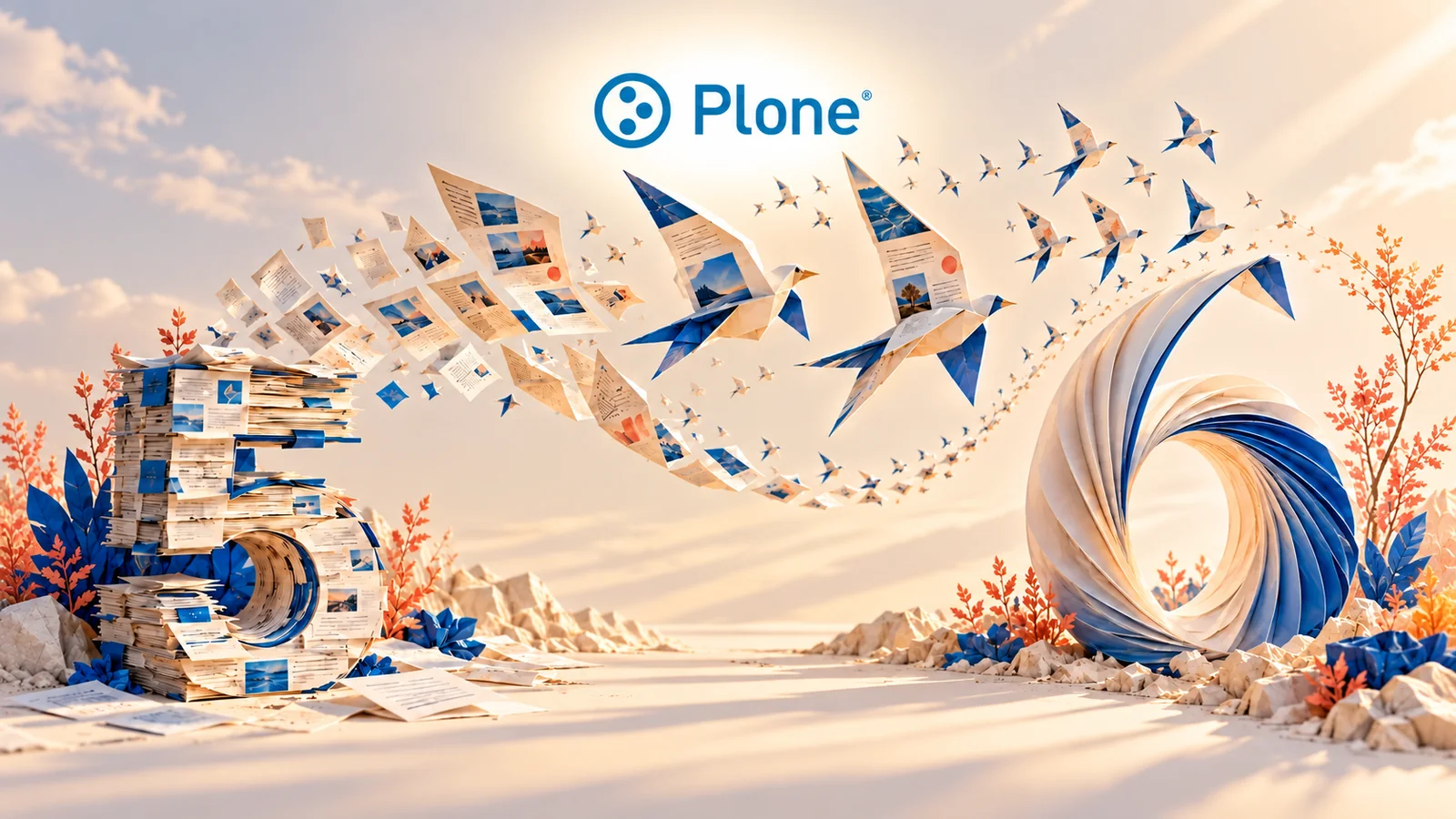 Pagine diventano rondini di carta tra i numeri 5 e 6, sotto il logo Plone illuminato.