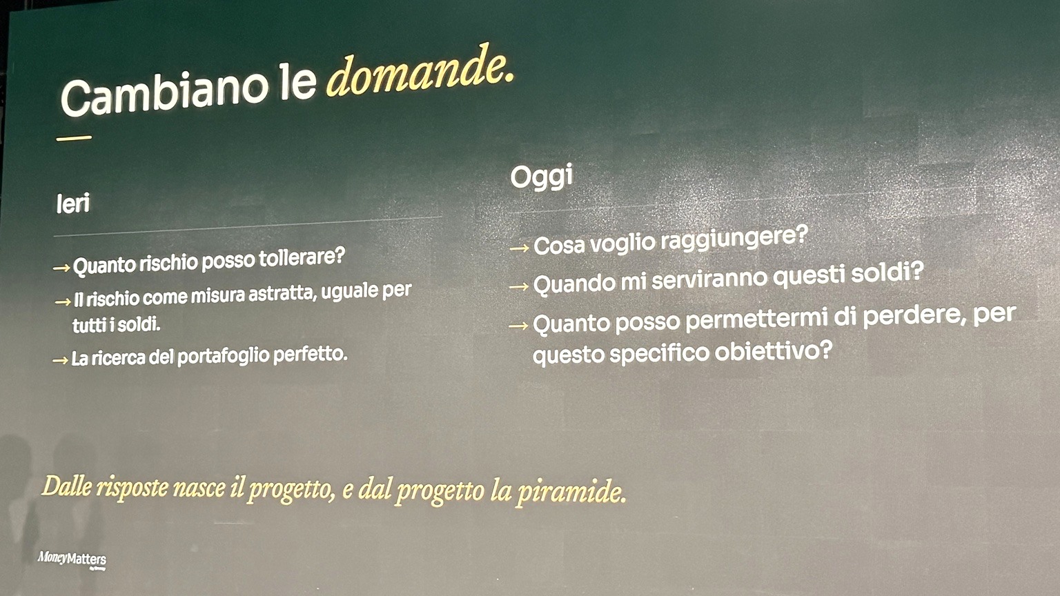 La slide di Money Matters invita a passare dal rischio astratto a obiettivi, tempi e perdite sostenibili.