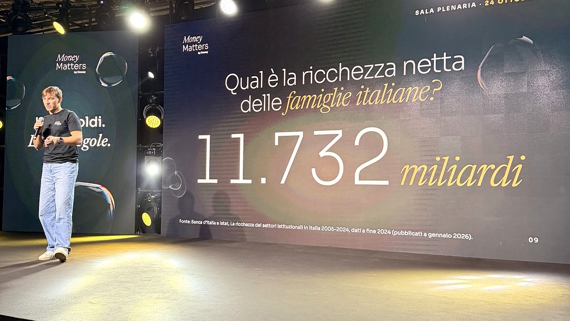 Una slide di Money Matters mostra la ricchezza netta delle famiglie italiane: 11.732 miliardi di euro.