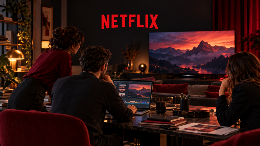 Il logo Netflix sopra una scena di pianificazione di una campagna video su uno schermo.
