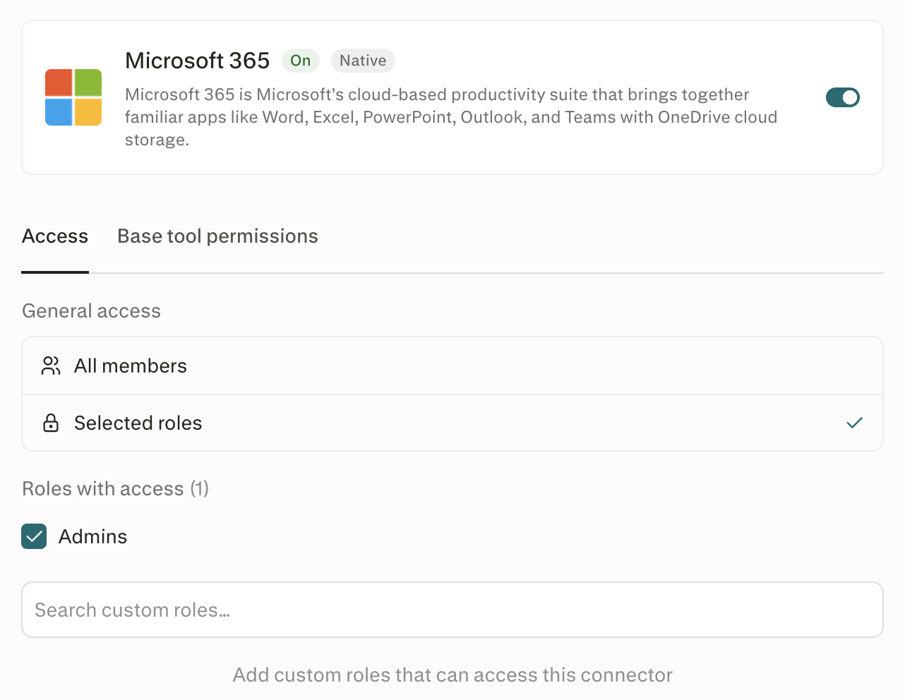 Impostazione del connettore Microsoft 365 in Perplexity con accesso limitato al ruolo Admin.