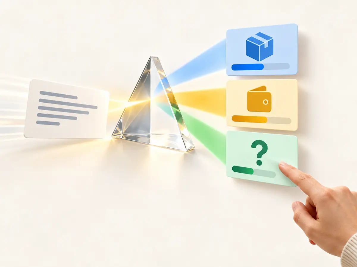 Illustrazione: un testo viene distribuito tra categorie con punteggi e i casi incerti sono indicati a una persona