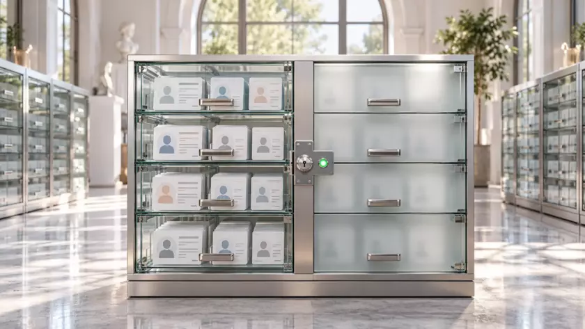 Archivio con schede utenti visibili da un lato e protette da vetro satinato dall’altro