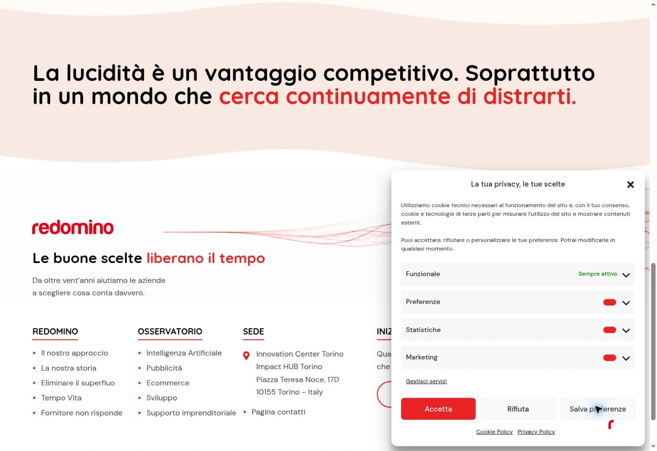 Pannello delle preferenze di Redomino con la voce Statistiche e i comandi per accettare, rifiutare o salvare.
