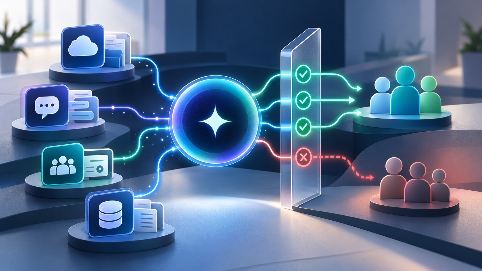 Illustrazione dei connettori aziendali collegati a un assistente AI: un controllo per ruolo lascia passare il team autorizzato e blocca quello escluso.