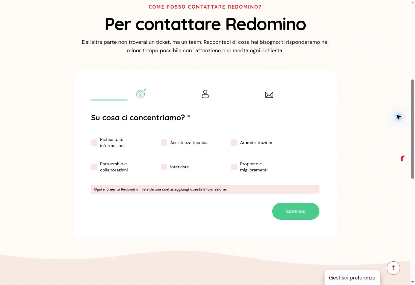 Il modulo Contatti di Redomino impedisce di proseguire senza selezionare un motivo della richiesta.