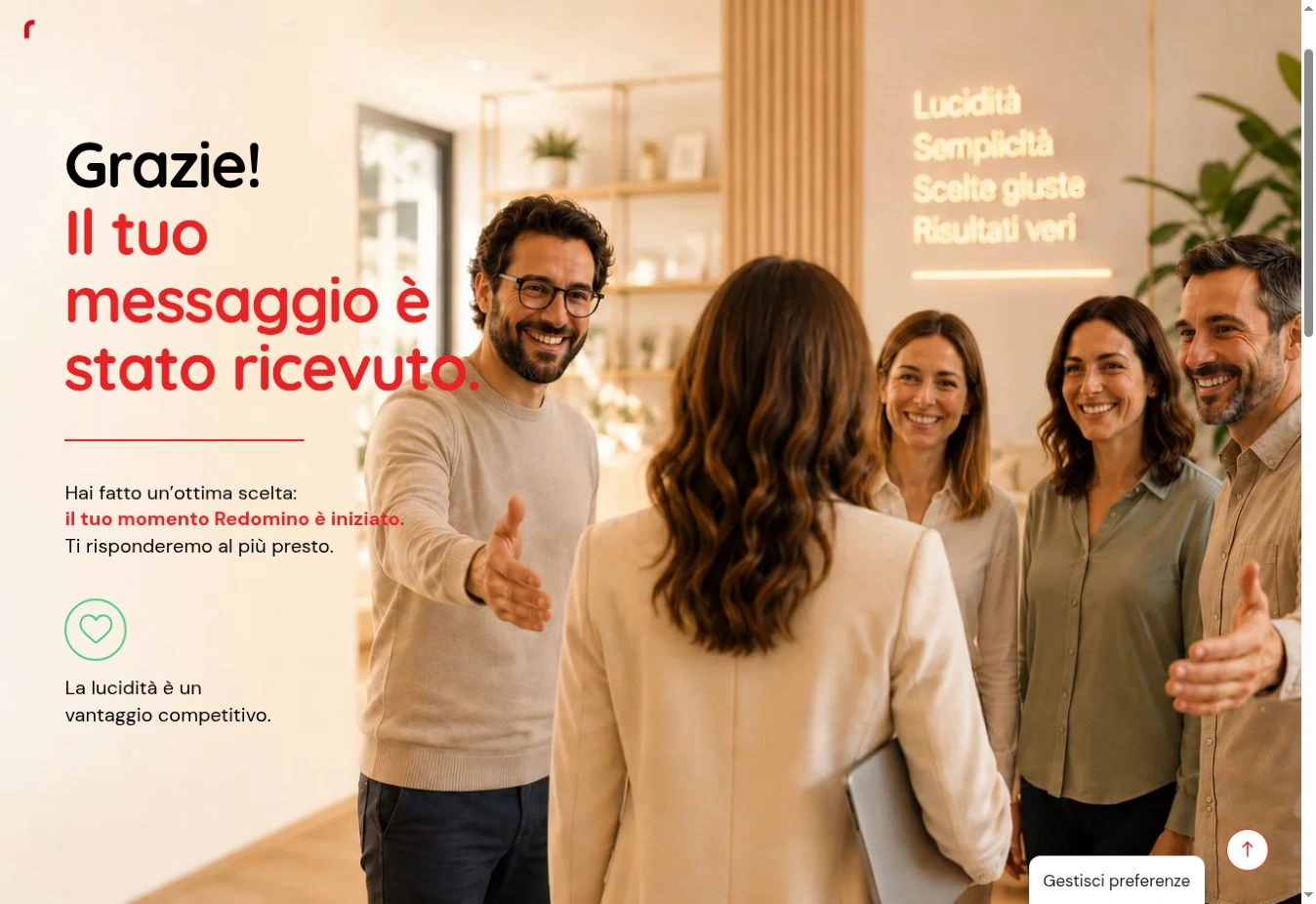 Pagina Redomino con il messaggio Grazie! Il tuo messaggio è stato ricevuto dopo l’invio di prova.