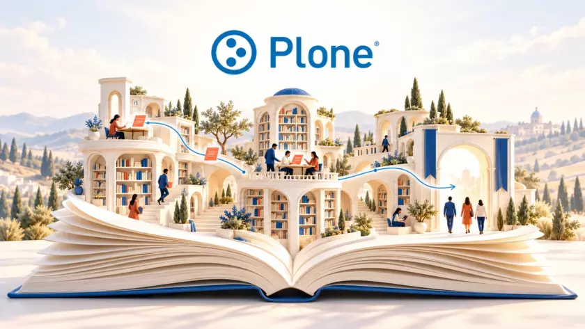 Un libro aperto diventa una biblioteca con persone al lavoro, sotto il logo Plone.