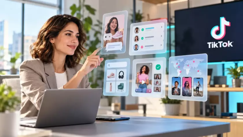 Professionista controlla strumenti pubblicitari TikTok per acquisti, contatti e campagne