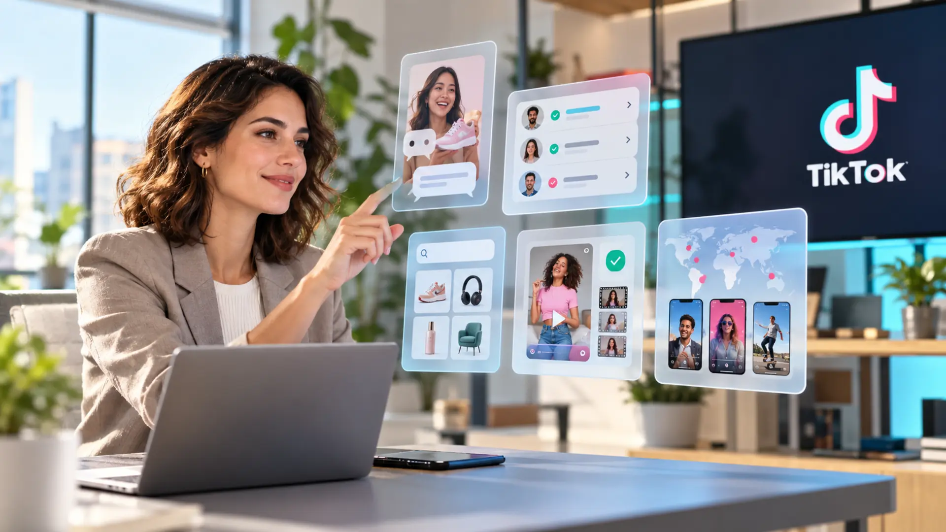 Professionista controlla strumenti pubblicitari TikTok per acquisti, contatti e campagne