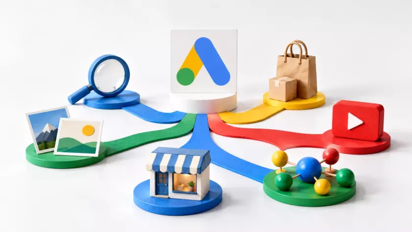 Percorsi colorati collegano il marchio Google Ads a una lente, prodotti, video e altre possibilità pubblicitarie