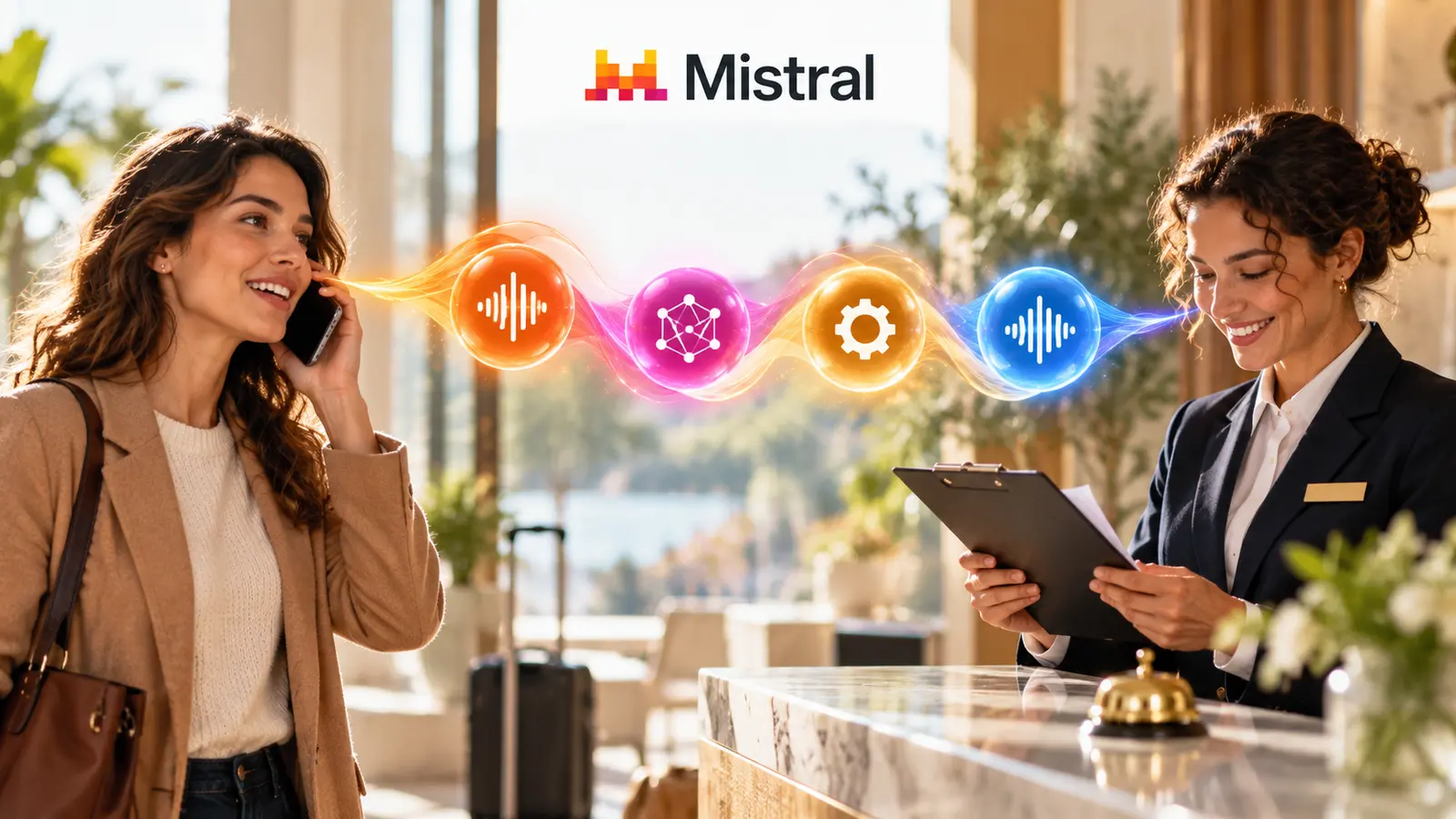 Una telefonata passa attraverso ascolto, ragionamento, azione e risposta con il logo Mistral.
