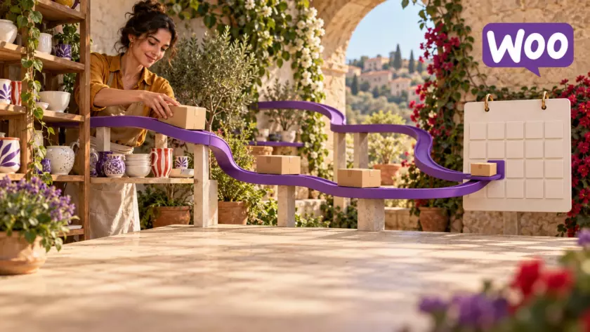 In un negozio luminoso, pacchi su percorsi viola collegano i prodotti a un calendario: metafora del catalogo e del checkout.
